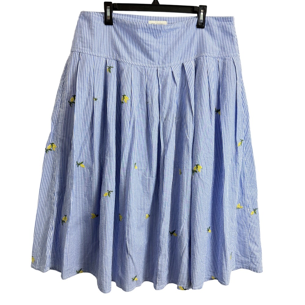 Free Assembly Womens Blue White Seersucker Lemon Embroidered Midi Skirt 16